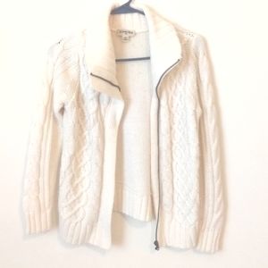St. Johns Bay Knit Zip Up Cream White Cardigan Sweater Small Petite Fall Winter